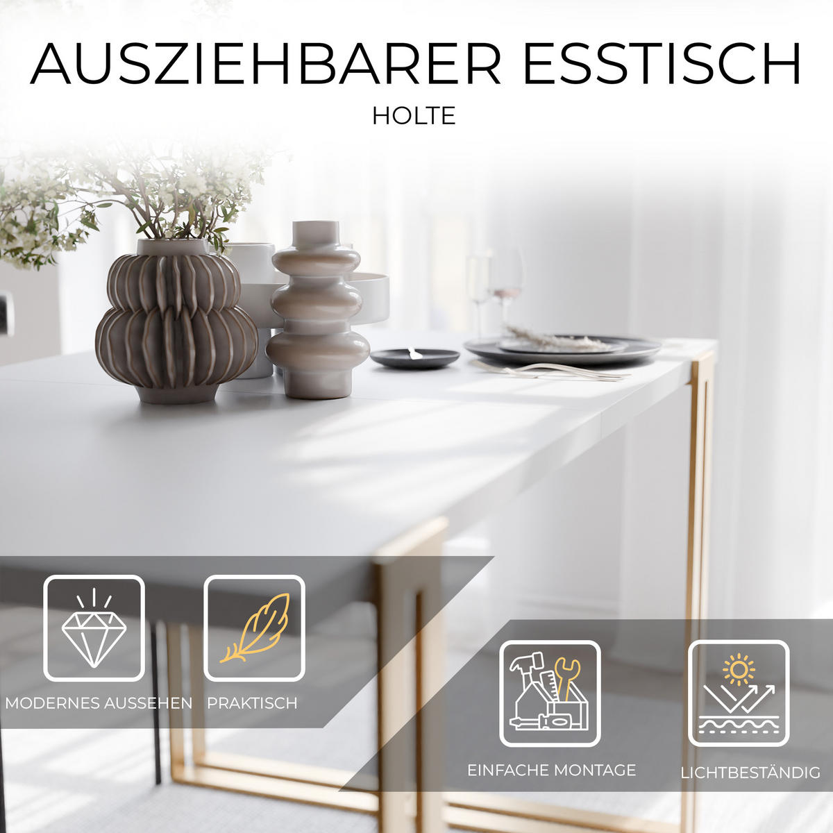 TISCH ausziehbar aus MDF, Weiß - Goldfarben/Weiß, Holzwerkstoff (120/80/76cm) - Idohome