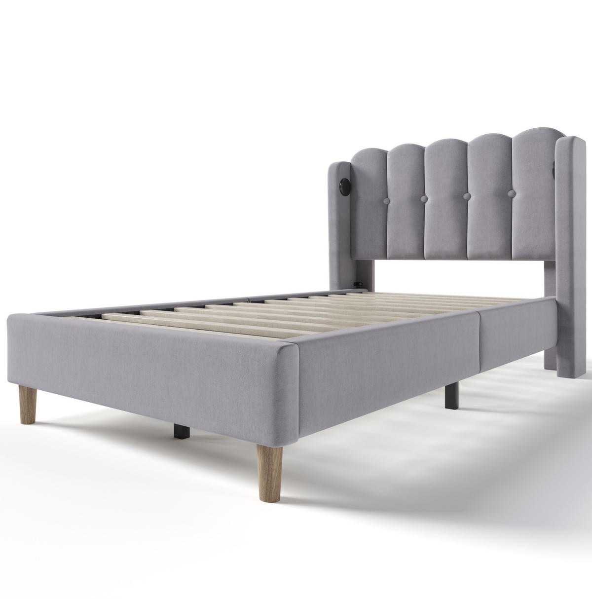 POLSTERBETT 90/200 cm mit USB- und Typ-C-Anschluss, Lattenrost und Matratze, Leinenbezug, Grau - Grau, Textil (90/200cm) - Redom
