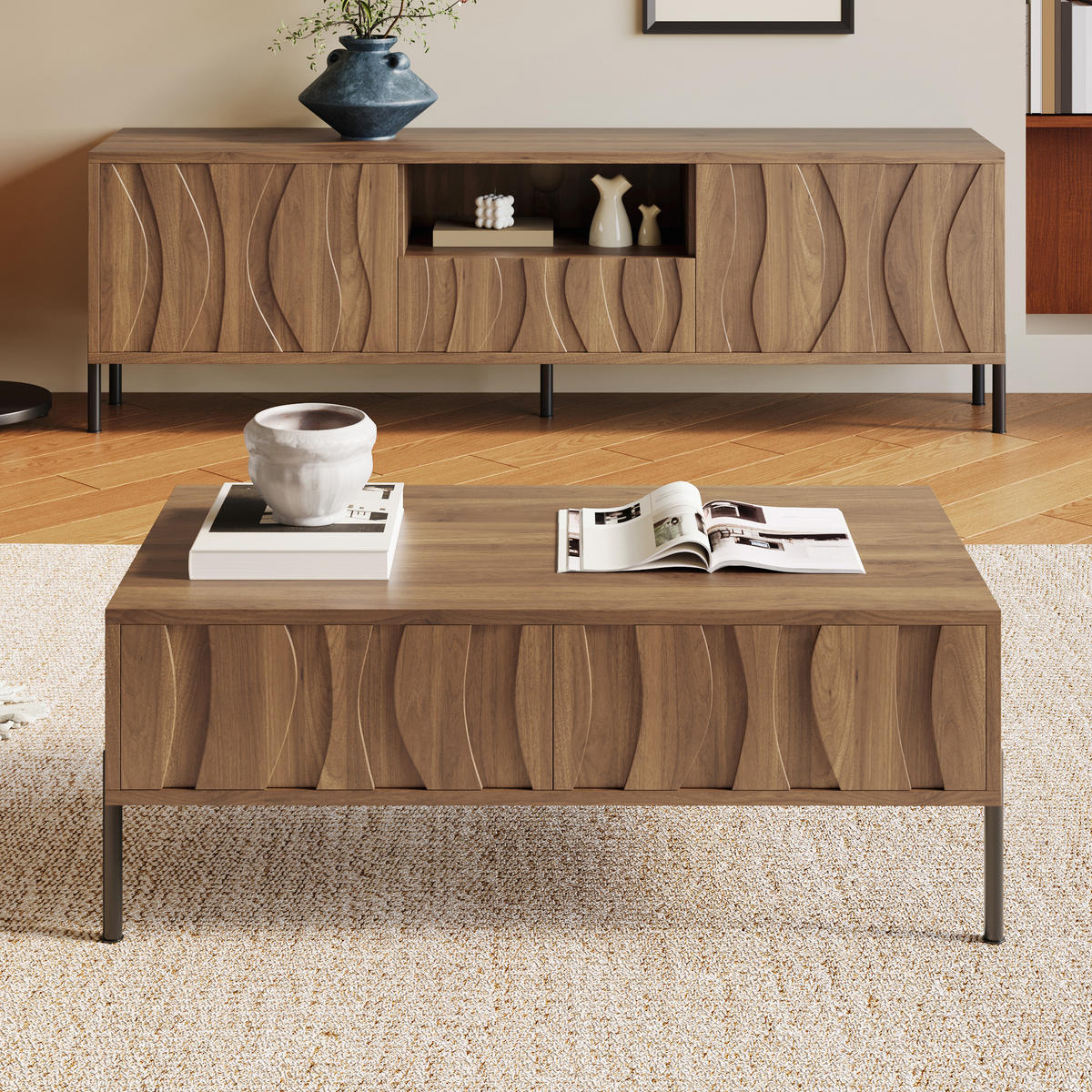 WOHNZIMMER-SET Massivholz Wellen Couchtisch TV modern - Naturfarben, Holzwerkstoff (160/46/35cm) - FLIEKS