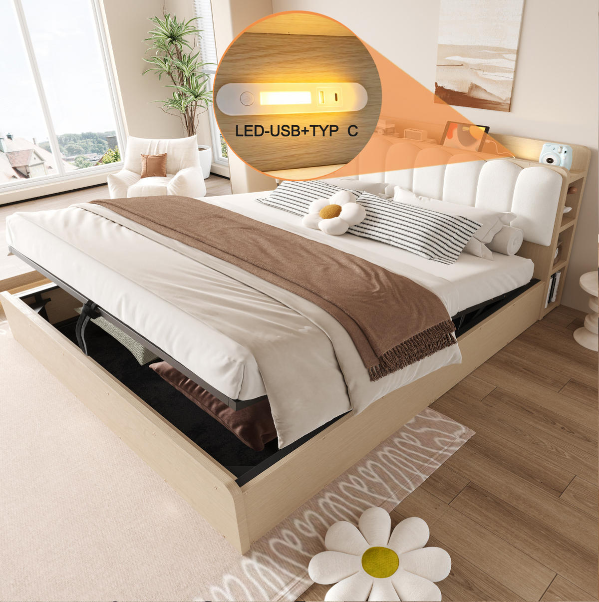 BETT 180/200 cm aus Holz mit Stauraum und USB-Anschluss, Naturholz - Naturfarben, Holz (180/200cm) - OKMYHOME