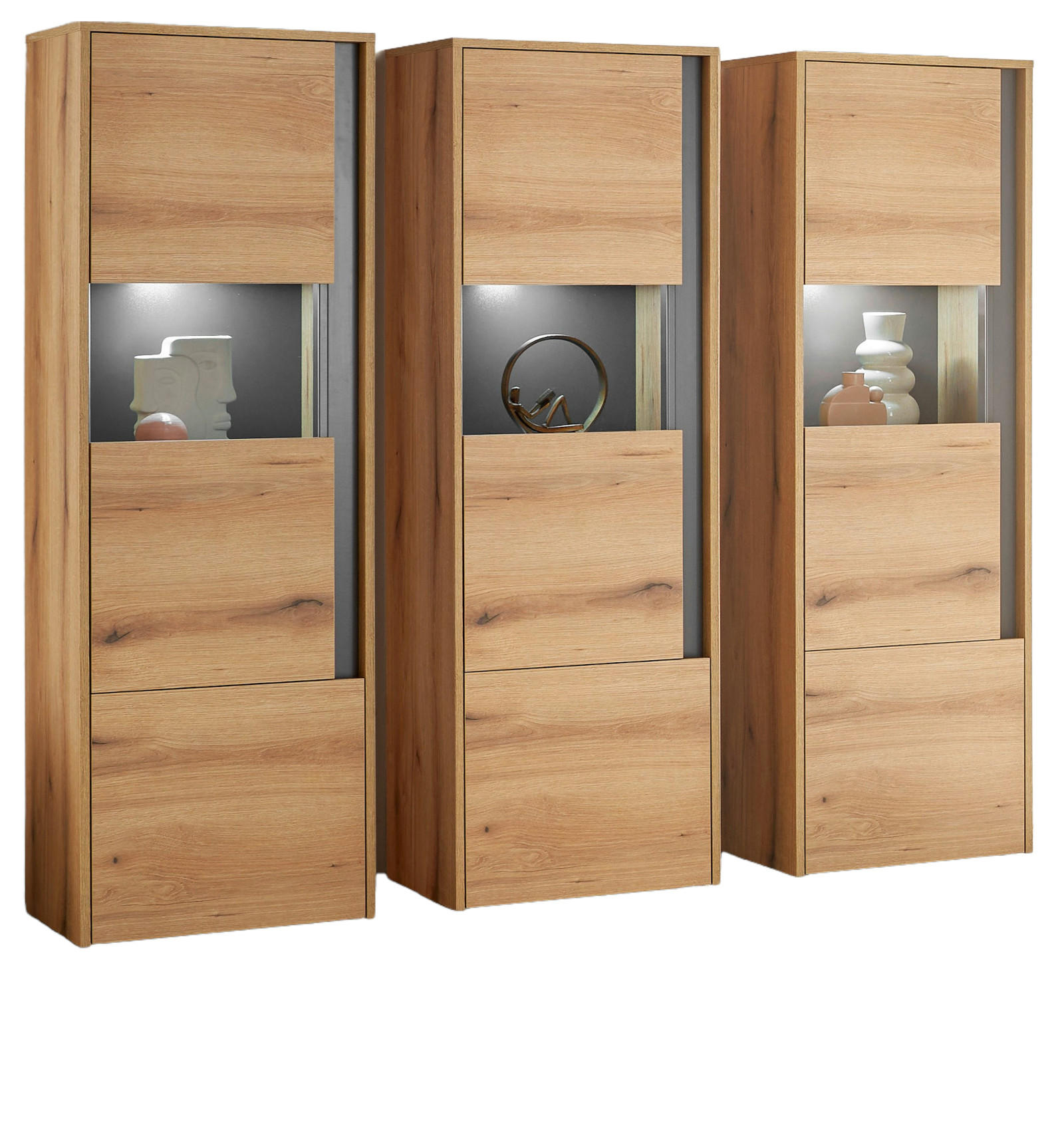 SCHRANK-SET 3-teilig Evoke Eiche, grau, Wohnkombination mit 3 x Vitrine - Eichefarben/Grau, Holz/Holzwerkstoff (190/155/40cm) - Furn.Design