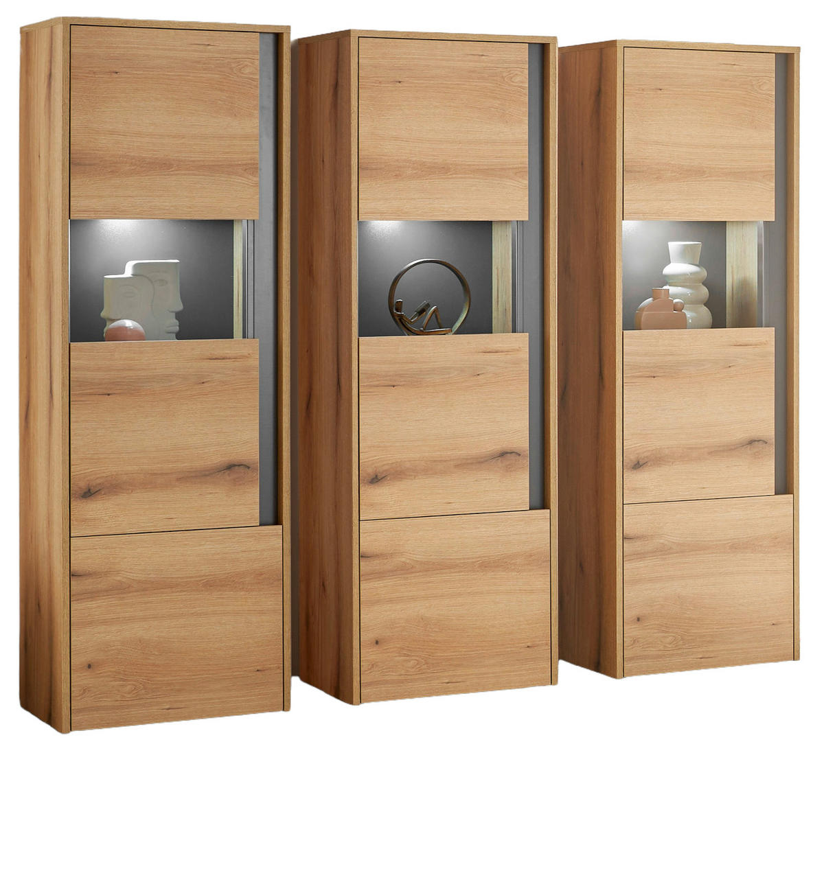 SCHRANK-SET 3-teilig Evoke Eiche, grau, Wohnkombination mit 3 x Vitrine - Eichefarben/Grau, Holz/Holzwerkstoff (190/155/40cm) - Furn.Design