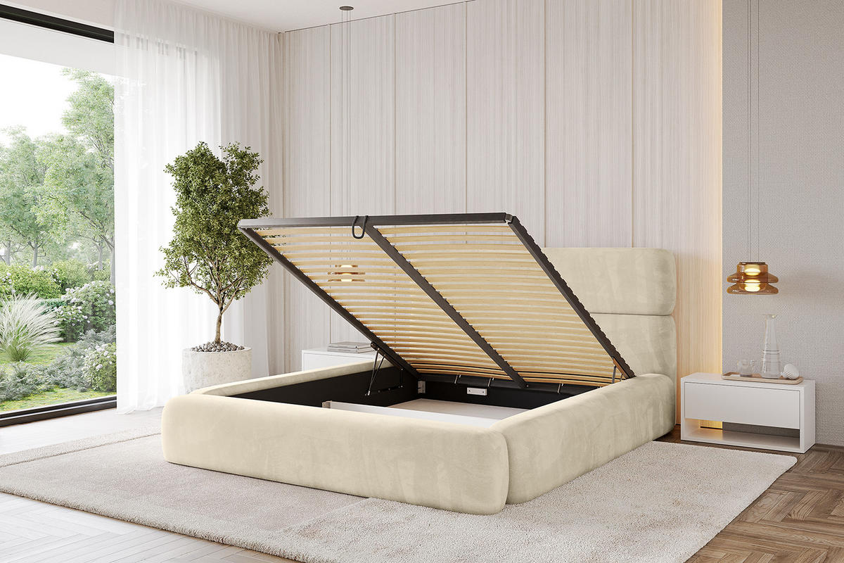 POLSTERBETT mit Bettkasten und Lattenrost, Boxbett ohne Matratze - ENORA 140x200 Beige - Ecru, Holzwerkstoff/Textil (140/200cm) - ALTDECOR
