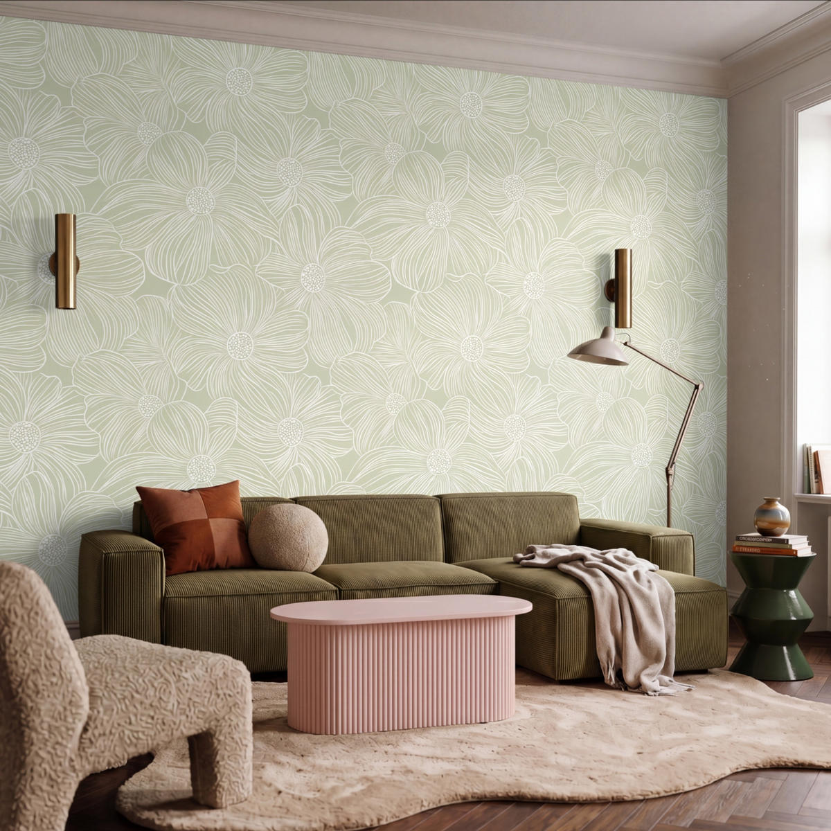 TAPETE - Gelassenheit - Blumen - Grün - 400x300 cm - Salbeigrün, Papier (400/300cm) - OnlyWow