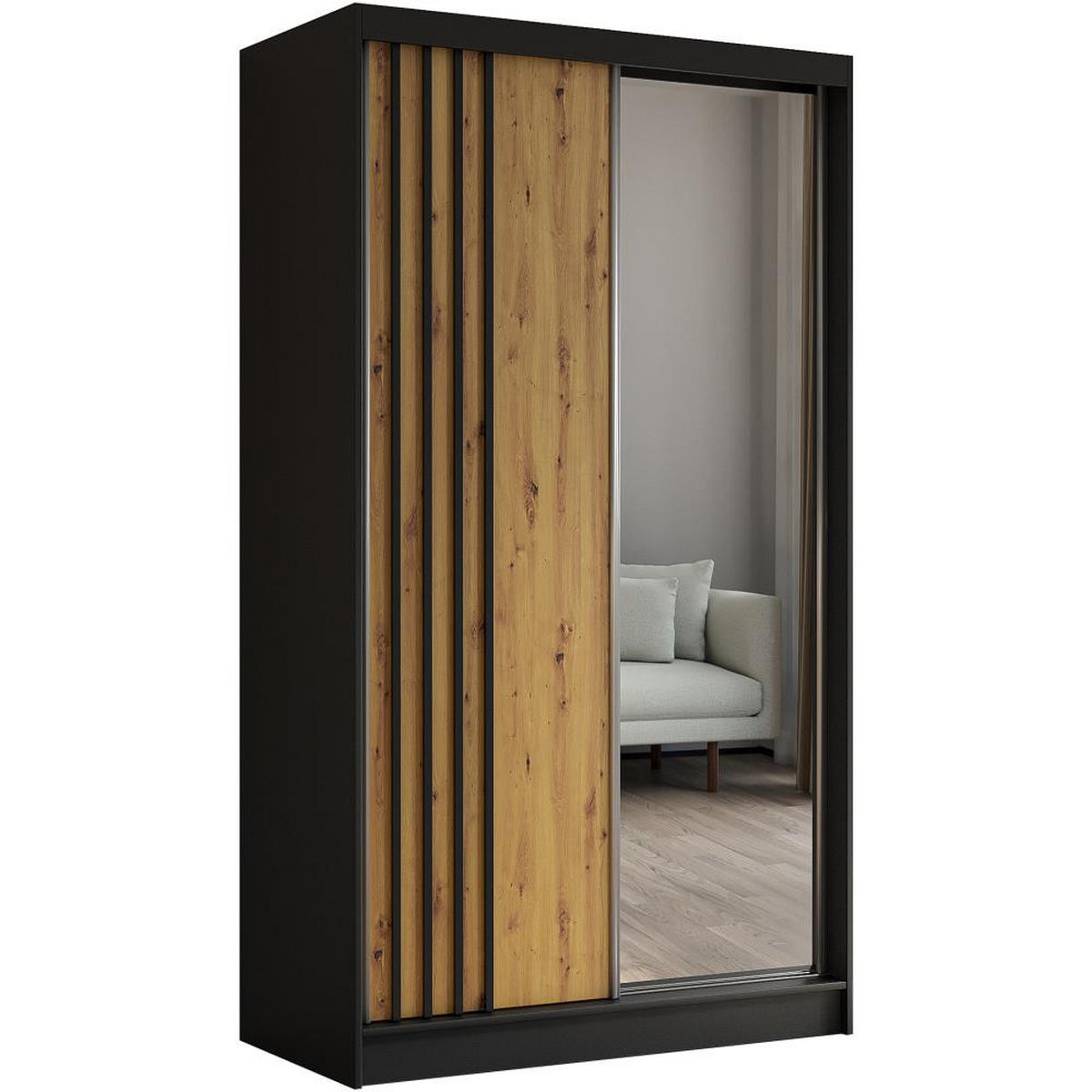 SCHWEBETÜRENSCHRANK Nela 120/216/61 schwarz mit Schubladen - Schwarz/Eiche Artisan, Holzwerkstoff (120/216/61cm) - Beautysofa
