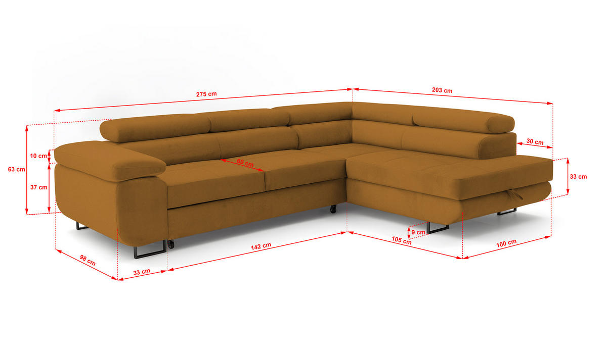 ECKSOFA Velmo mit Bettkasten und Schlaffunktion, verstellbaren Kopfstützen, in L-Form - Goldfarben, Textil (275/203cm)