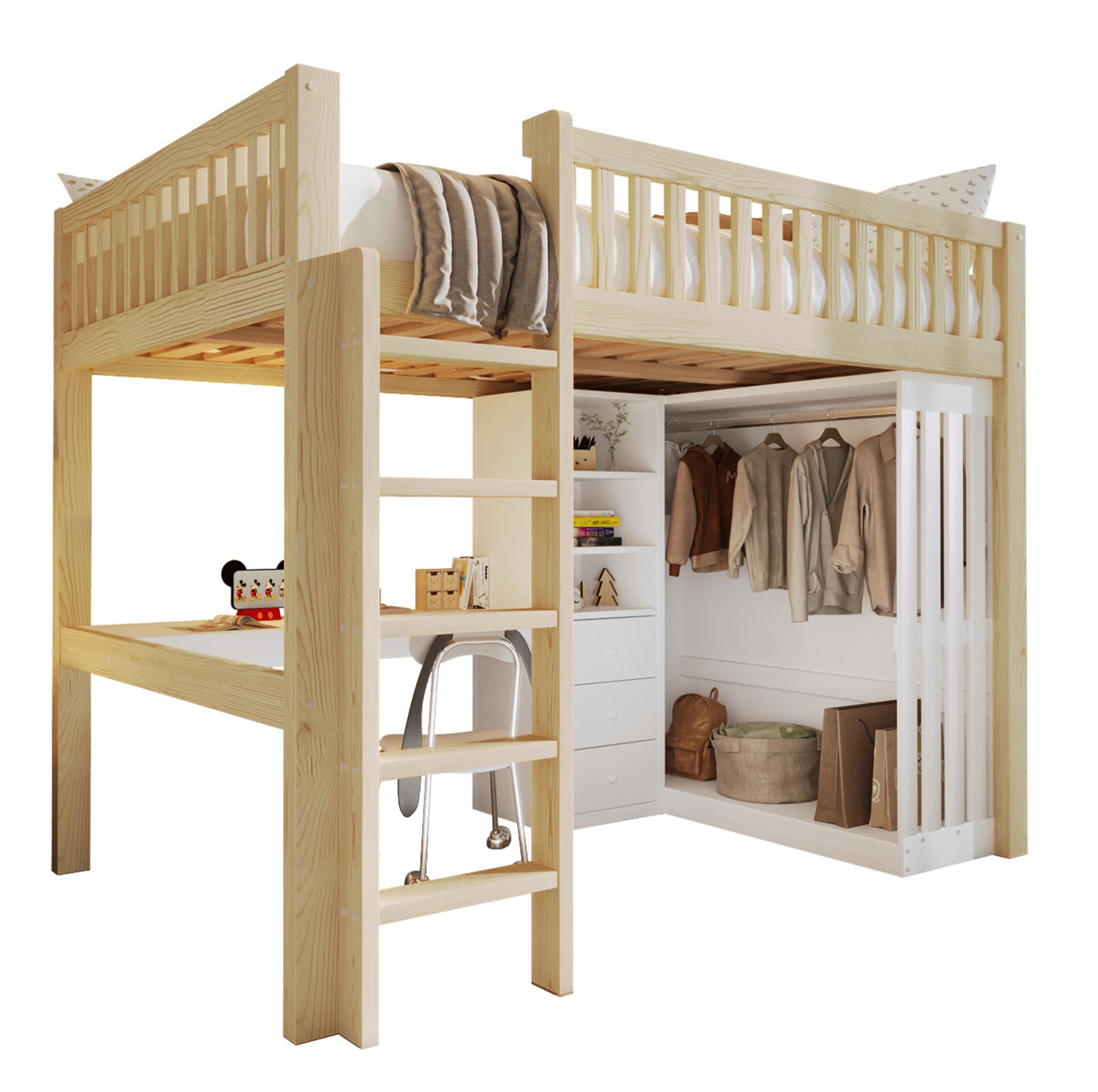 OKWISH VYSOKÁ postel 140/200 cm přírodní z borovice a MDF s psacím stolem se skříní se schodištěm