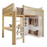 VISOKA postelja 140/200 cm naravna iz bora in MDF s pisalno mizo, omaro, 3 predali in stopnicami - naravne barve, les (140/200cm) - OKWISH