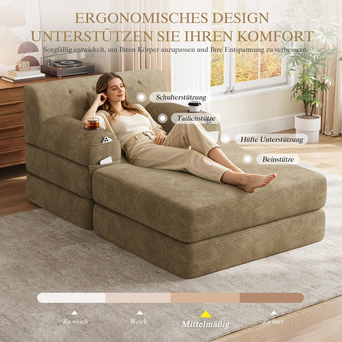 SCHLAFSOFA mit Hocker und Liegefunktion aus Cord Khaki - Taupe, Textil (191/60/162cm) - EVRYAE