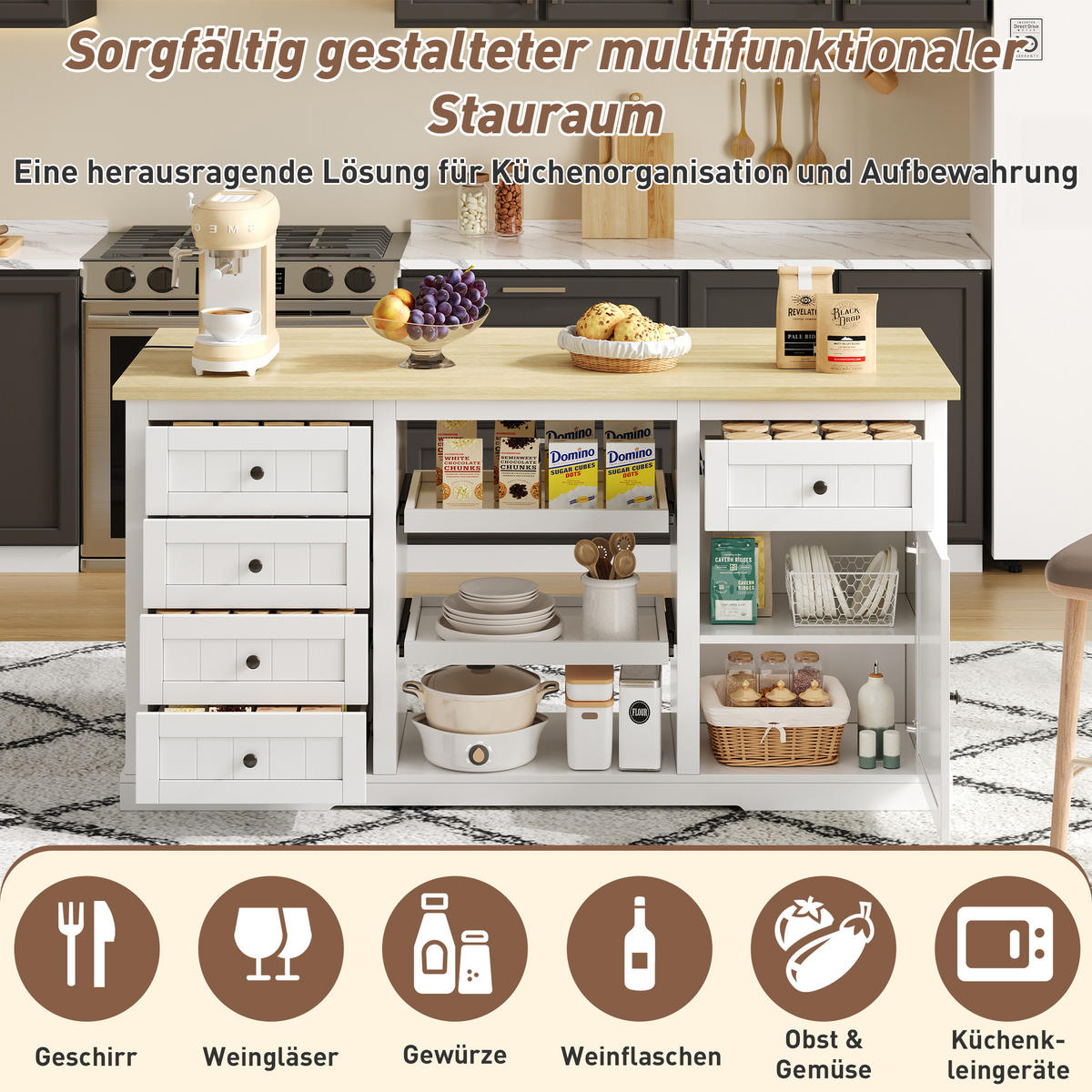 KÜCHENINSEL mit Arbeitsplatte, Schubladen & Stauraum – Weiß/Eiche, 150 cm - Weiß, Holzwerkstoff/Metall (150/75.5/65cm) - Urban Meuble