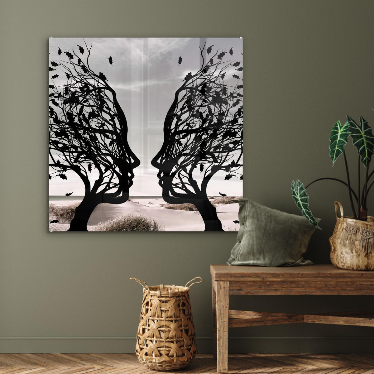 ACRYLGLASBILD Strand - Meer - Menschen - Baum - Moderne Kunst 90x90 cm - Hellgrau, Glas (90/90cm) - MuchoWow