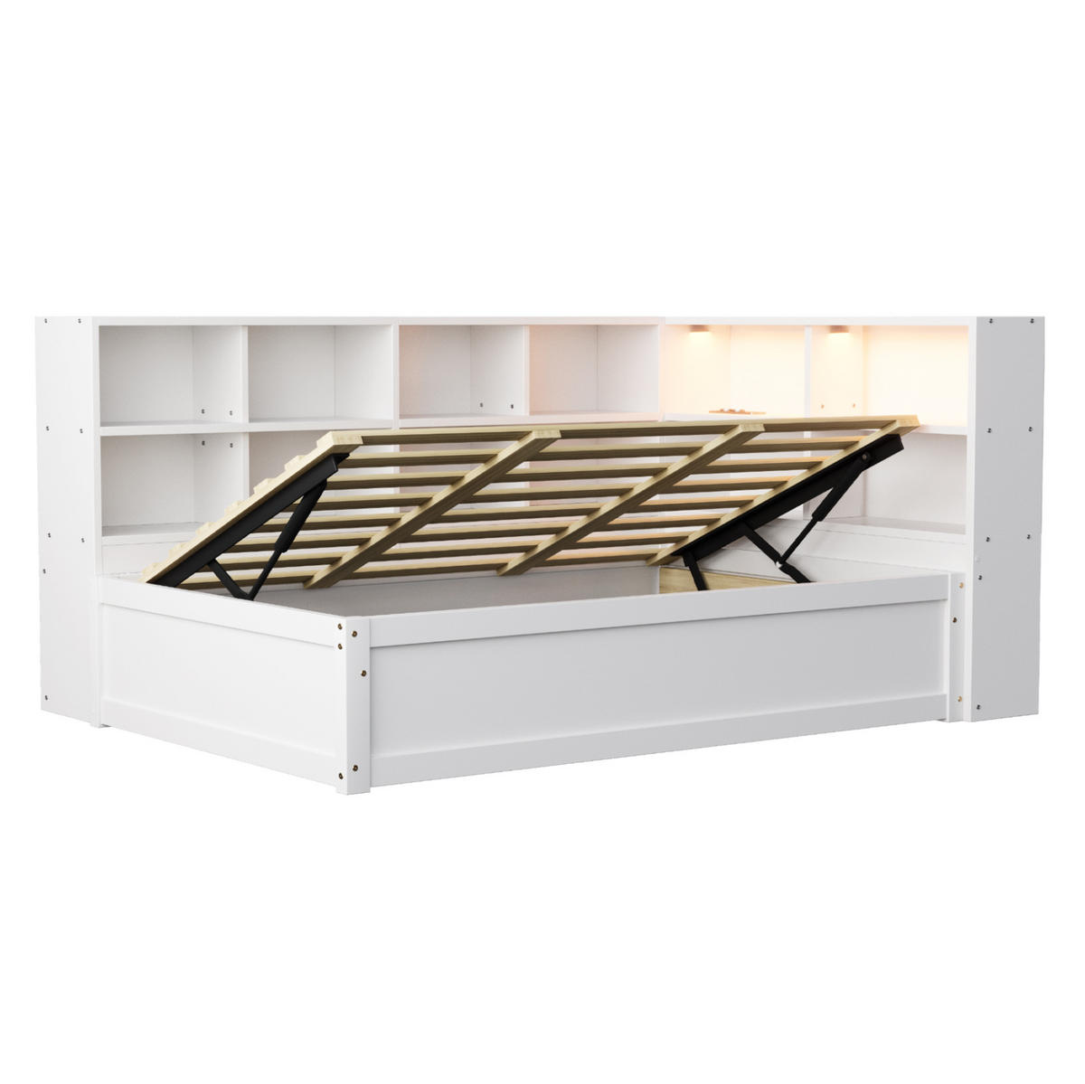 BETT 90/200 cm mit Kopfteil, Stauraum und LED-Leiste in Weiß - Weiß, Holz (90/200cm) - BEAOK