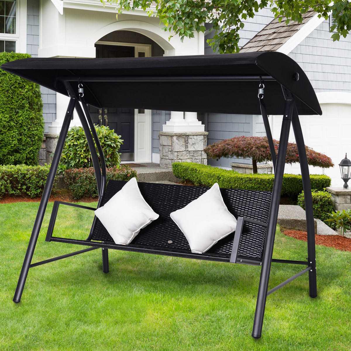 HOLLYWOODSCHAUKEL, Polyrattan, Metall, mit Kissen, belastbar bis 360kg, Schwarz - Schwarz, Metall (124/179/198cm) - Outsunny