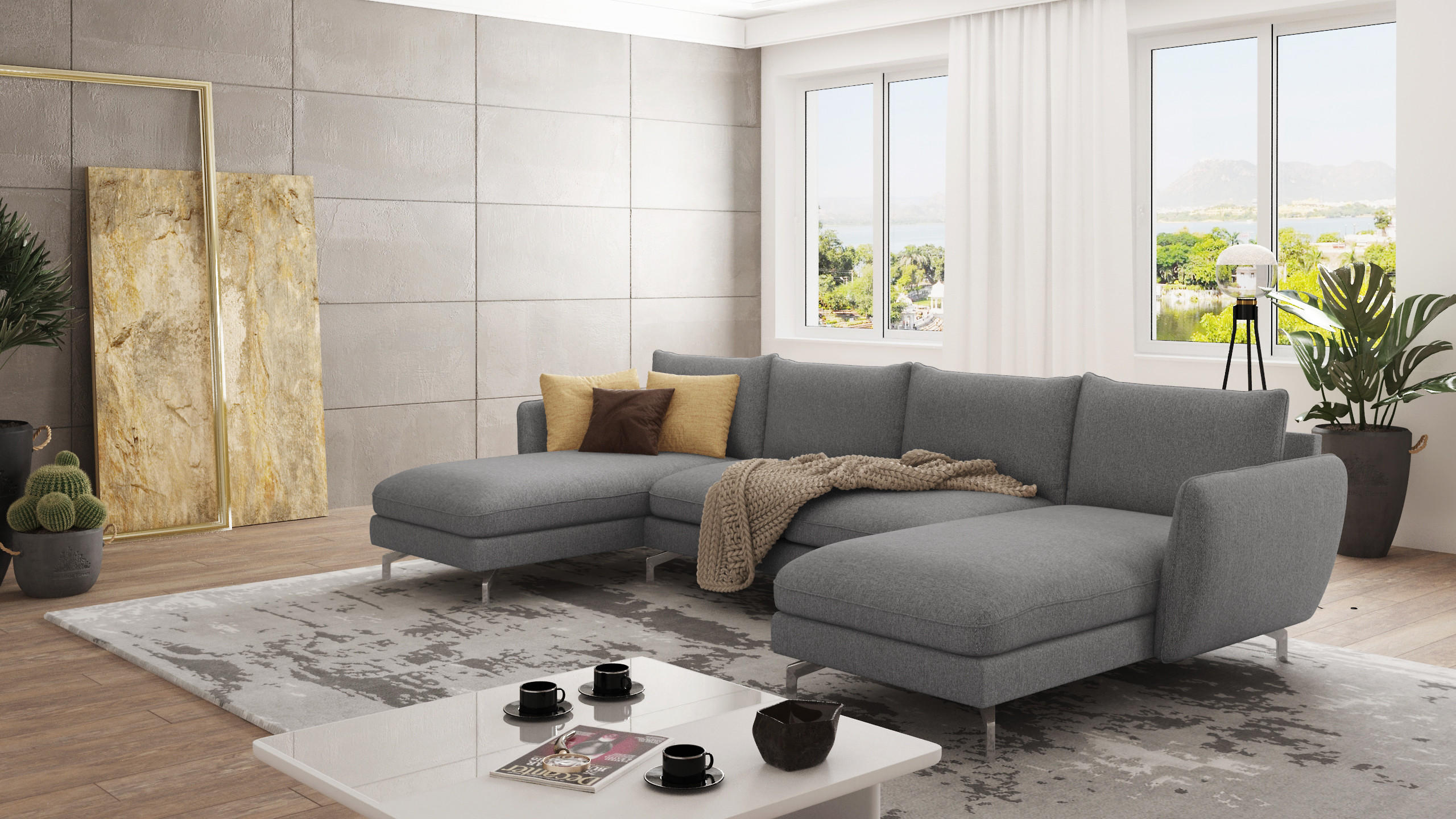 WOHNLANDSCHAFT Elou Grau Luxusmicrofaser - Chromfarben/Grau, Textil/Metall (349/87/167cm) - S-Style Möbel