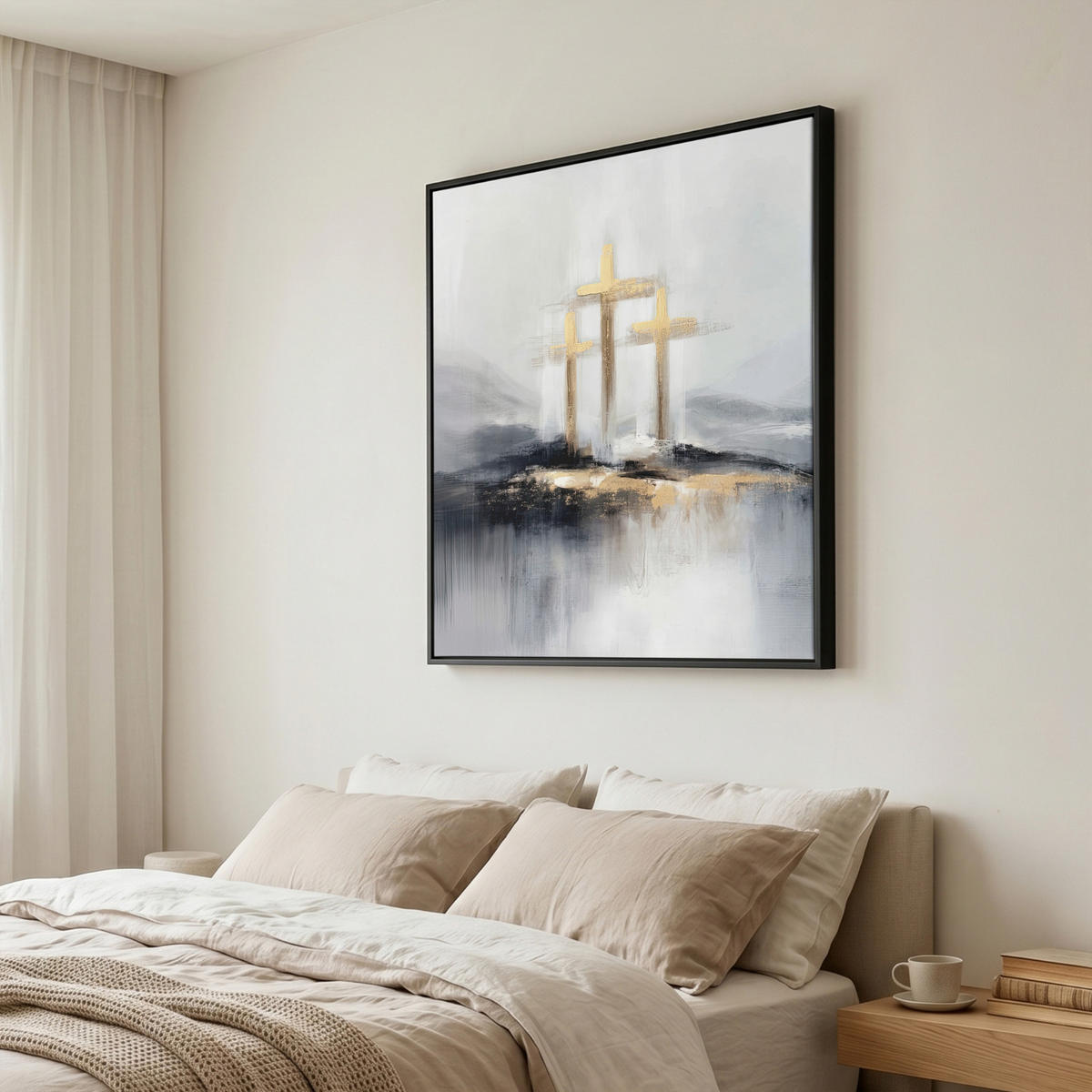LEINWAND Bilder mit Rahmen - Abstrakt - Malerei - Christentum - Kreuz - 90x90 - Weiß, Textil (90/90cm) - MuchoWow