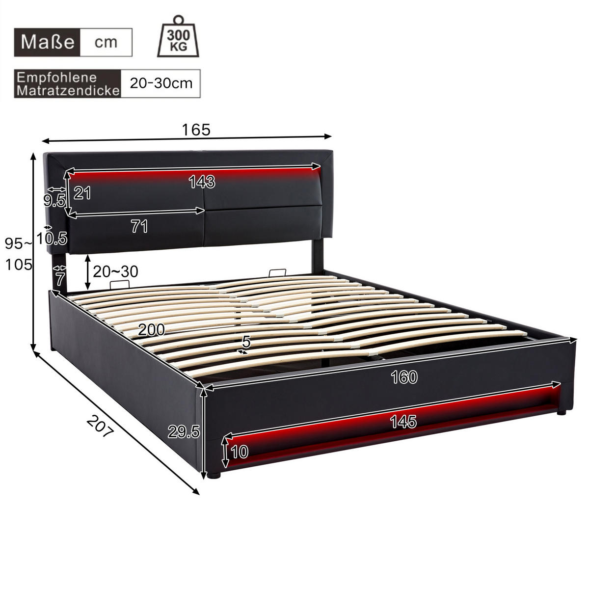 POLSTERBETT mit Stauraum, USB und LED 160x200 cm PU Black - Schwarz, Metall (160/200cm) - Meubliv