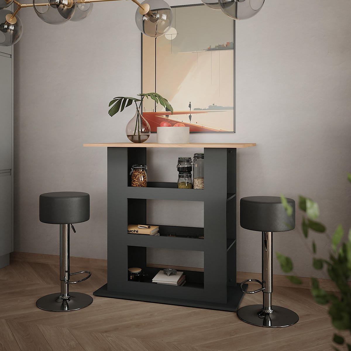 STOJACÍ BAROVÝ STŮL SE ŽIDLEMI Repose Zlatý dub power/antracit - medově dubová/černá, kompozitní dřevo (65/110/106cm) - Vicco