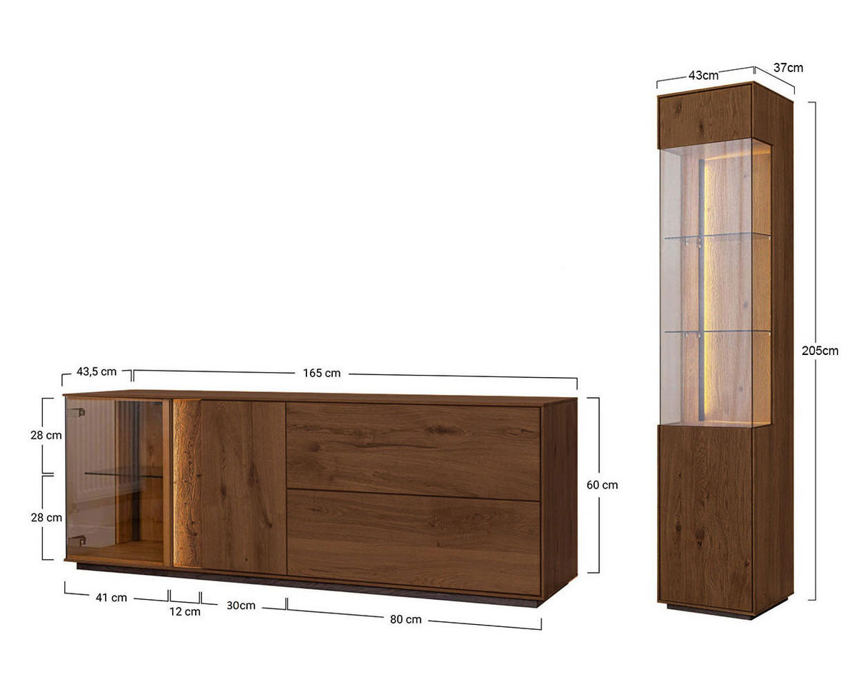 WOHNZIMMER-SET Collodi Widleiche Tabak (2-tlg) Türanschlag rechts - Wildeiche/Eichefarben, Holz (208/205/43.5cm) - Feldmann-Wohnen