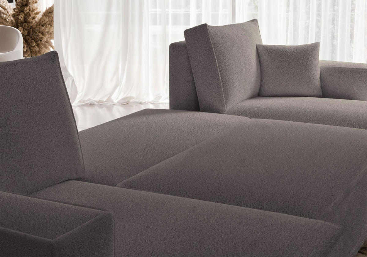 WOHNLANDSCHAFT Scarlo Hellbraun Bouclé-Bezug - Hellbraun/Schwarz, Kunststoff/Textil (312/83/145cm) - Selsey