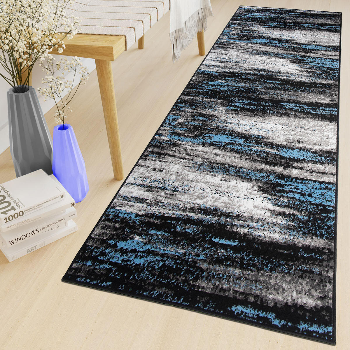 LÄUFER MAYA Schwarz Blau 60/100 cm - Blau, Textil (60/100cm) - Tapiso