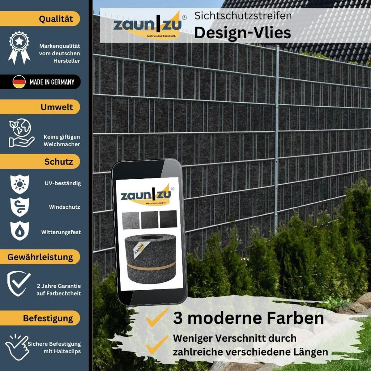SICHTSCHUTZSTREIFEN Design Vlies für Doppelstabmatten Schwarzgrau 50m - Schwarz, Kunststoff (5000/19cm) - ZAUN|ZU