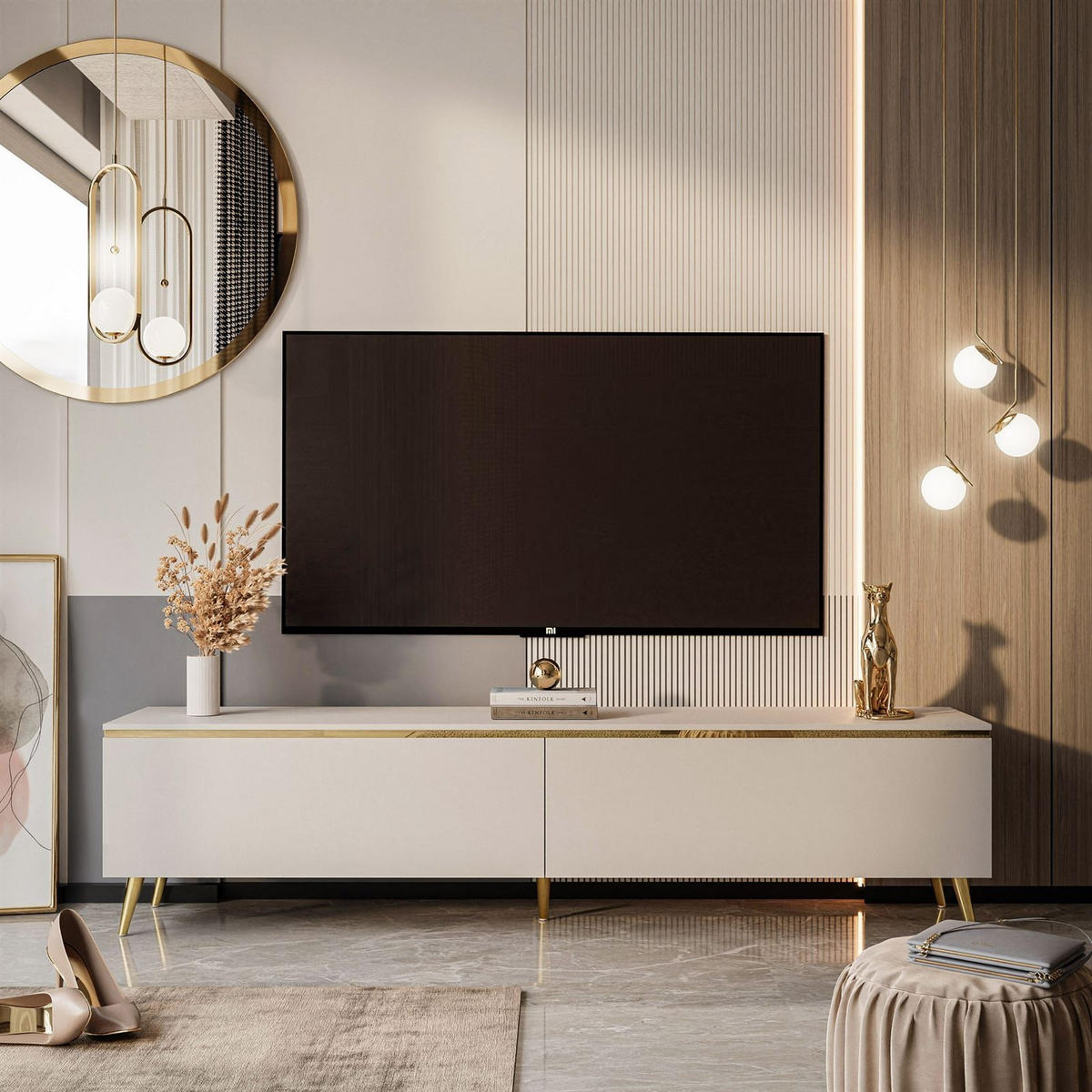 LOWBOARD RTV AURORA Kaschmir mit schräge Goldchrom Fuße und LED Beleuchtung - Kaschmir/Goldfarben, Holzwerkstoff/Metall (180/45/40cm) - Lookway