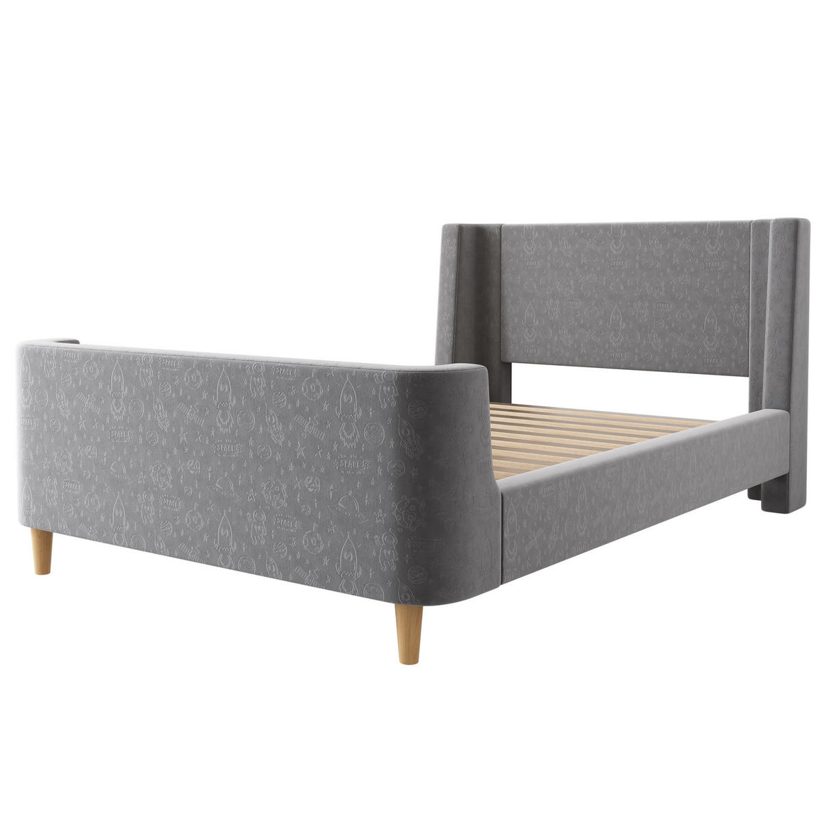 KINDERBETT 90/200 cm in Grau mit Samtbezug und Weltraummuster - Grau, Textil (90/200cm) - BEAOK