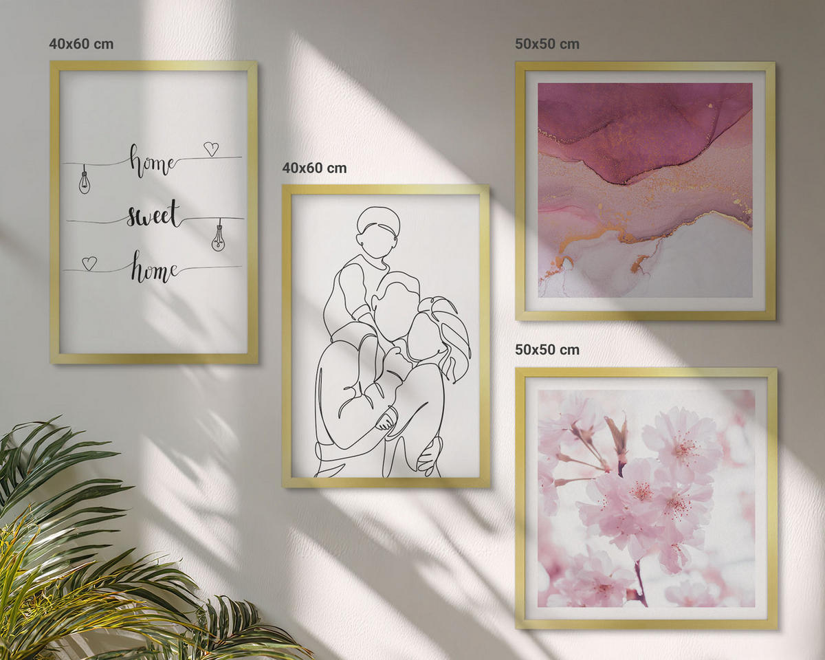 WANDBILDER 4er Set - 50x50 cm & 40x60 cm Goldrahmen - Blumenfamilie minimalistisch - Goldfarben, Kunststoff (50/50cm) - ArtPrintCave