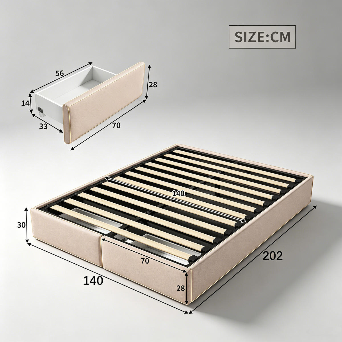 POLSTERBETT 140x200 mit stauraum, bettgestell mit 2 Schublade, Bettkasten, Lattenrost, ohne Kopfteil, Leinenstoff, beige - Beige, Holz/Textil (140/200cm) - GENKI LIVING
