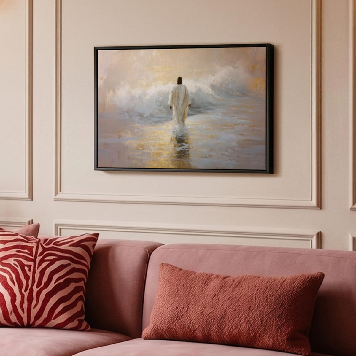 LEINWAND Bilder mit Rahmen - Gemälde - Welle - Jesus - Abstrakt - 60x40 - Goldfarben, Textil (60/40cm) - MuchoWow