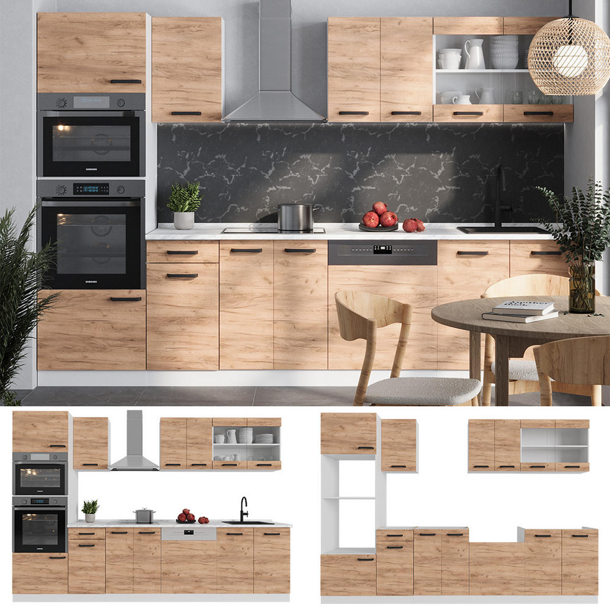 KÜCHENZEILE R-Line Goldkraft Eiche/Weiß 300 cm ohne Arbeitsplatte - Honigeiche/Eiche Wotan, Holzwerkstoff (300/81.6/46cm) - Vicco