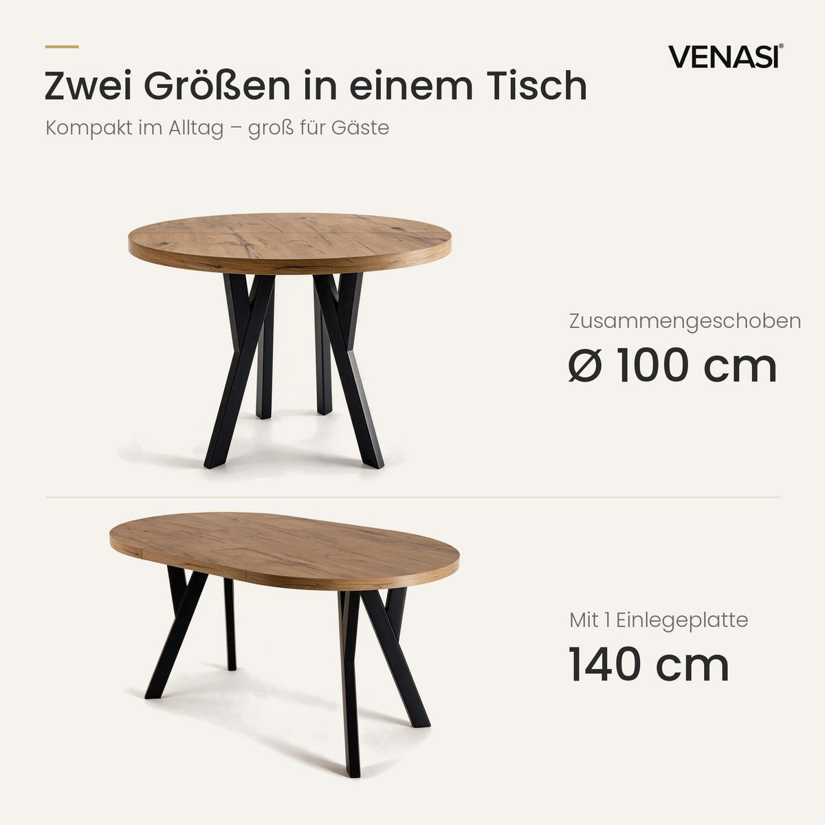 ESSTISCH ausziehbar rund 100-140 cm ATO Lancelot, Auszugstisch mit Einlegeplatte - Honigeiche/Schwarz, Holzwerkstoff (100/100/77cm) - VENASI MÖBEL