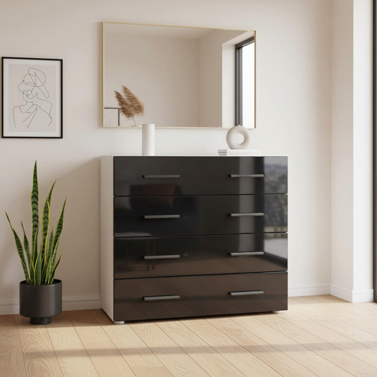 KOMMODE Den, Sideboard mit 4 Schubladen, Made in Germany, Moderner Schrank, Weiß matt / Schwarz Hochglanz (76 x 72 x 35 cm) - Schwarz Hochglanz, Holzwerkstoff (76/72/33cm) - InnoFurn