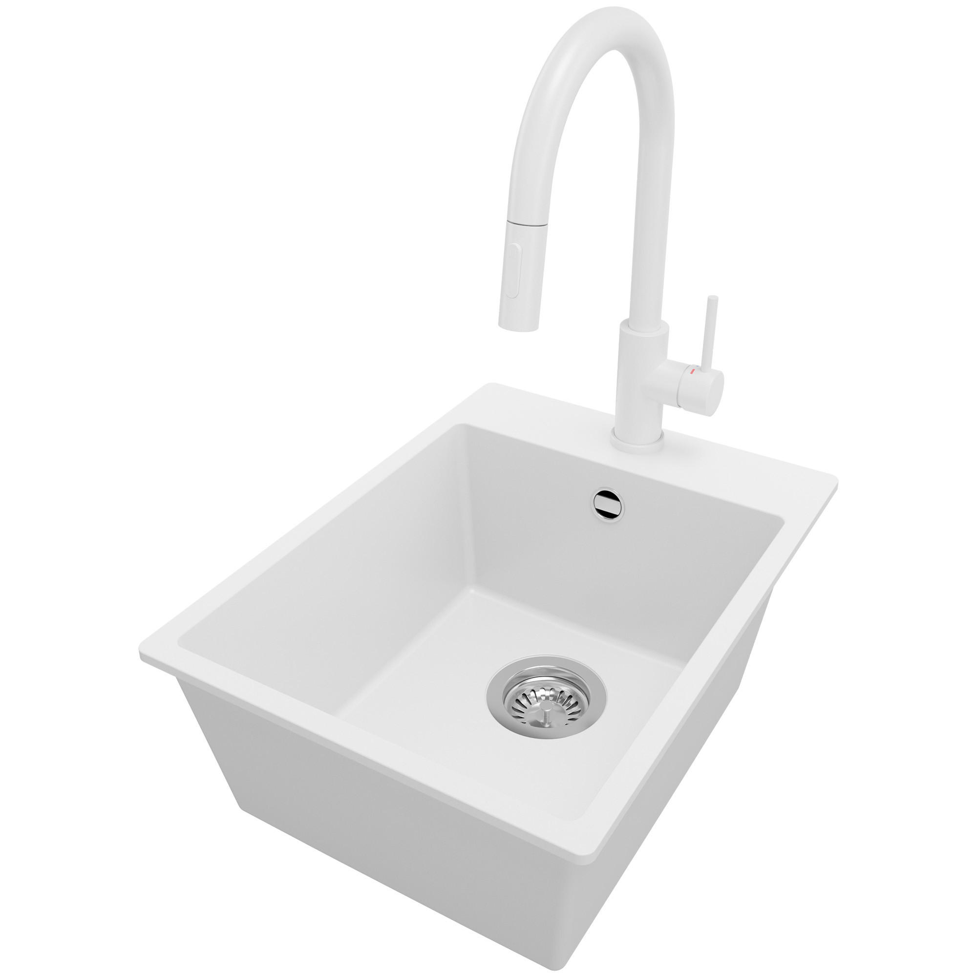 GRANITSPÜLE Riga, 2-er set Weiß 38/50 cm 1 Becken + Küchenarmatur 40/20 cm + Ablauf-Set ab 40er Unterschrank - Chromfarben/Weiß, Kunststoff (38/20/50cm) - Primagran