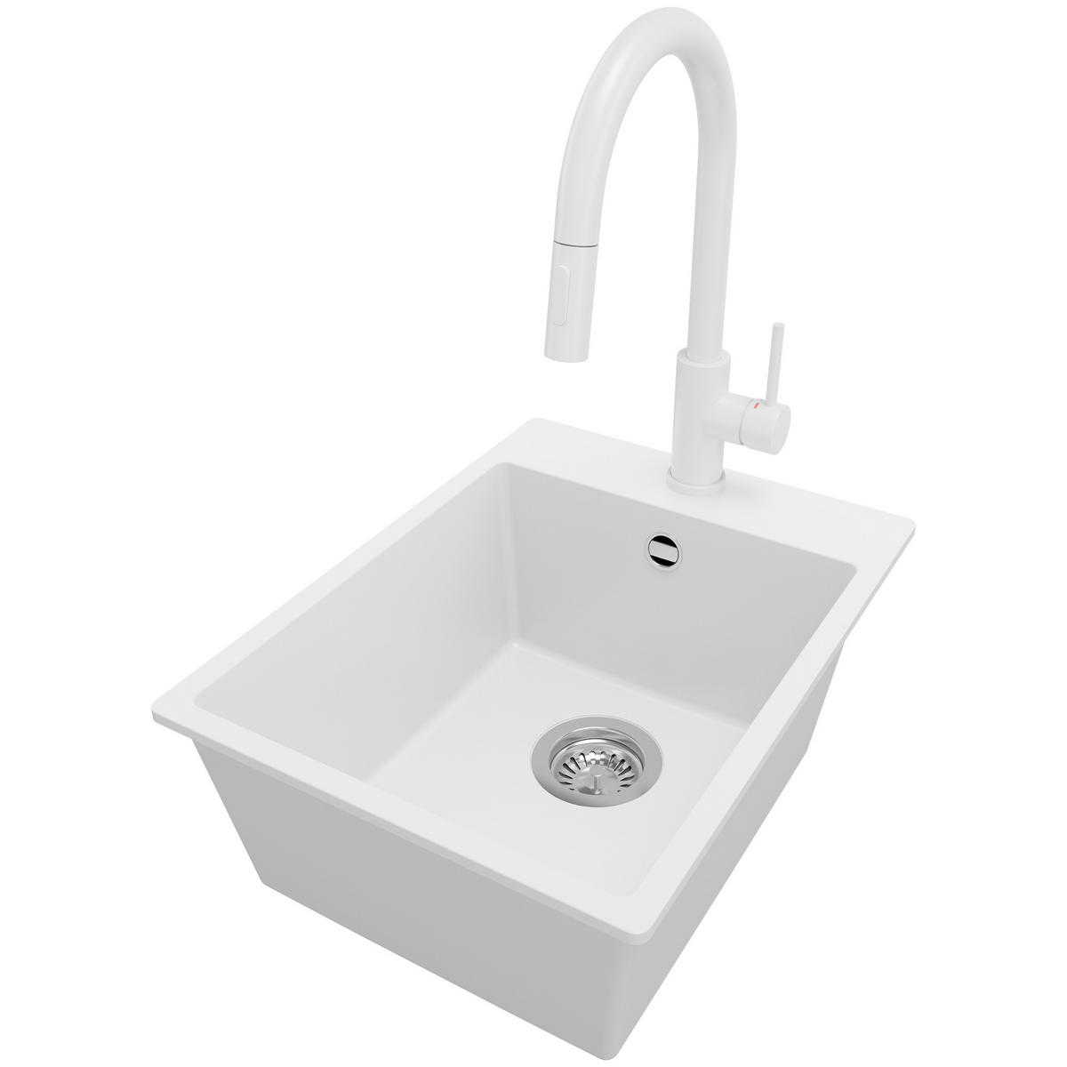 GRANITSPÜLE Riga, 2-er set Weiß 38/50 cm 1 Becken + Küchenarmatur 40/20 cm + Ablauf-Set ab 40er Unterschrank - Chromfarben/Weiß, Kunststoff (38/20/50cm) - Primagran