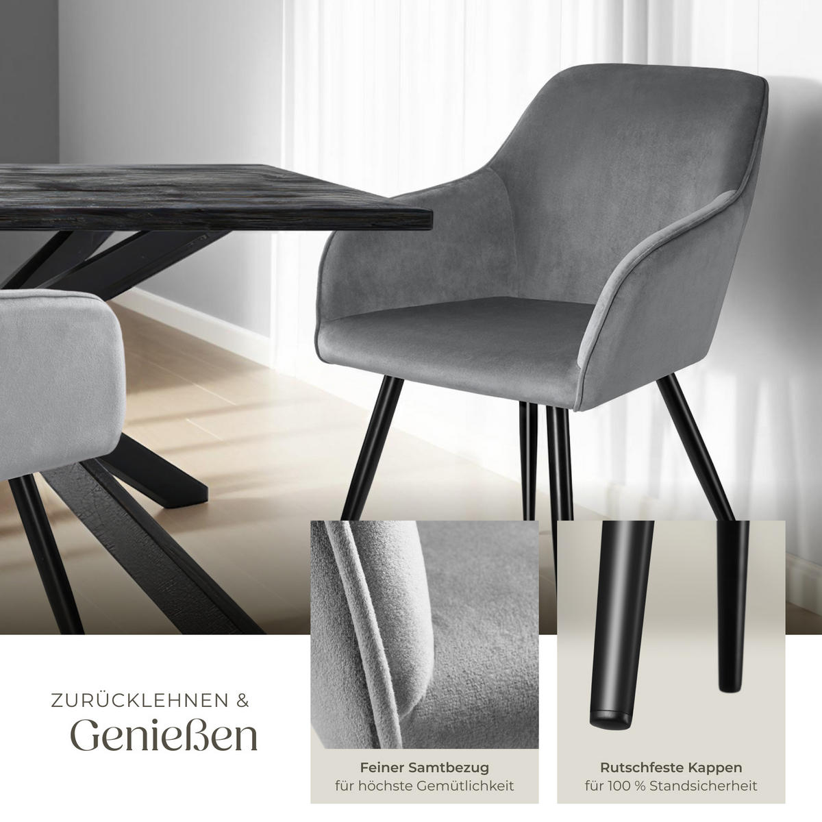 ESSZIMMERSTUHL 2er Set Marilyn 58 x 62 x 82 cm grau/schwarz - Schwarz/Grau, Textil (58/82/62cm) - tectake