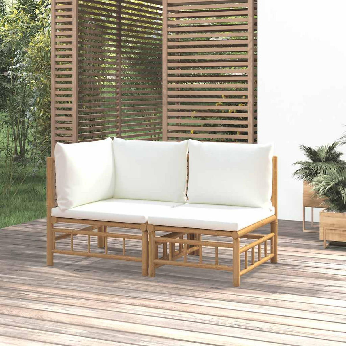 GARTEN-LOUNGE-SET 2-TLG. Mit Cremeweissen Kissen Bambus - Creme, Naturmaterialen (69/65/55cm) - vidaXL