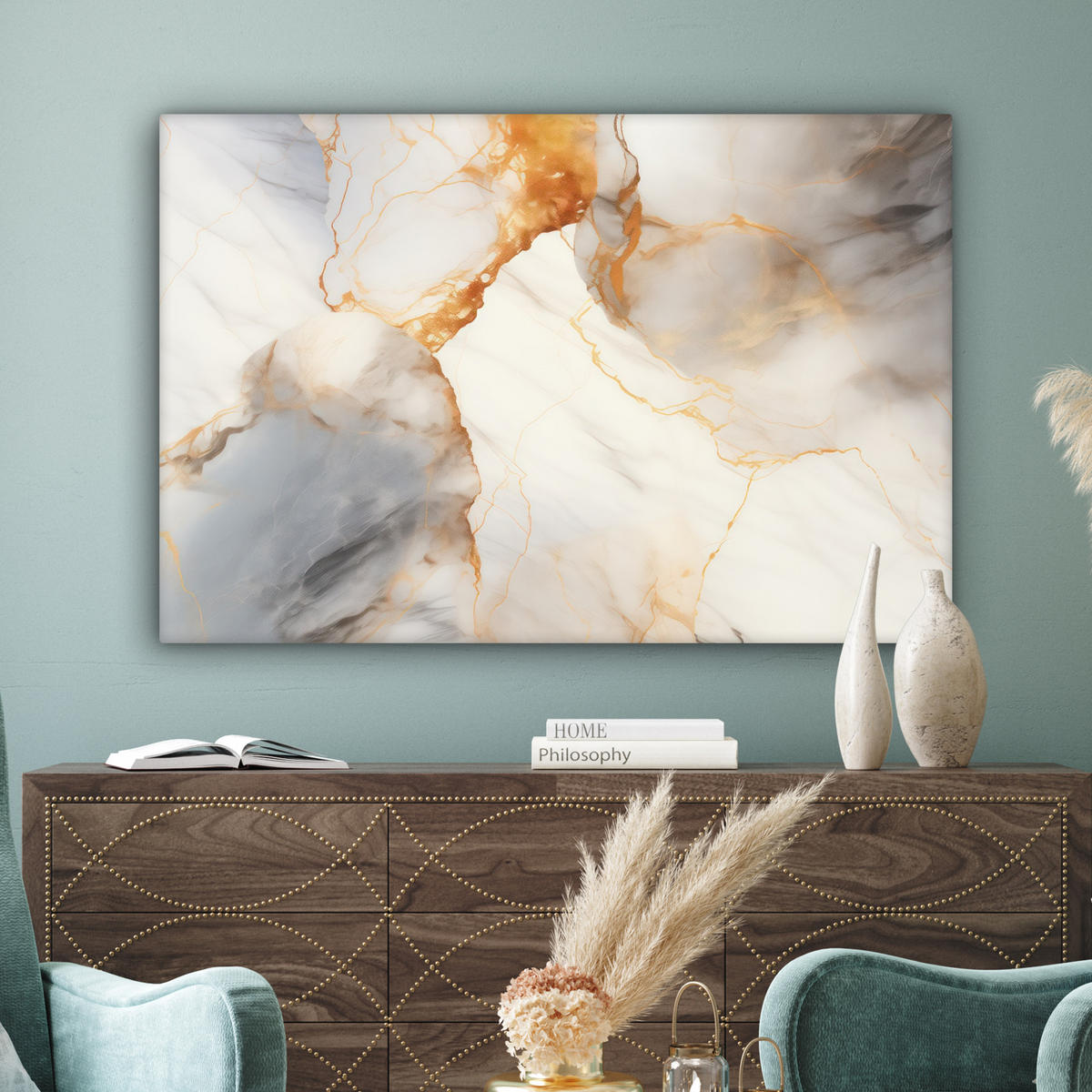 LEINWANDBILD Marmor - Grau - Gold Wohnzimmer Groß 120x80 cm - Weiß, Textil (120/80cm) - MuchoWow