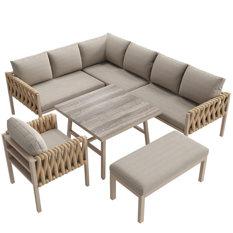 GARTENLOUNGE-SET BEIGE mit Seilgeflecht verstellbaren Beinen und Glastisch inkl. Kissen - Beige, Textil - BLACKCUP