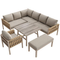 GARTENLOUNGE-SET BEIGE mit Seilgeflecht verstellbaren Beinen und Glastisch inkl. Kissen - Beige, Textil - BLACKCUP