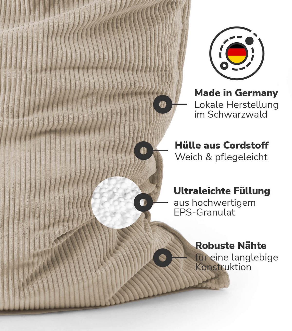 SITZSACK mit Cord Cover Der Große - Beige, Textil (130/20/170cm) - Mokebo