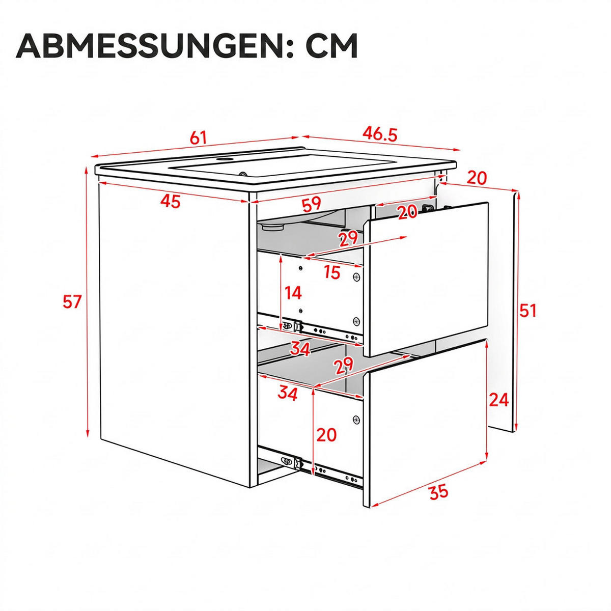 WASCHTISCHKOMBI 61/46.5/57 cm Weiß mit 2 Schubladen und LED-Radarsensorleuchte, ohne Wasserhahn - Weiß, Holz/Holzwerkstoff (46.5/57/61cm) - Oxeza