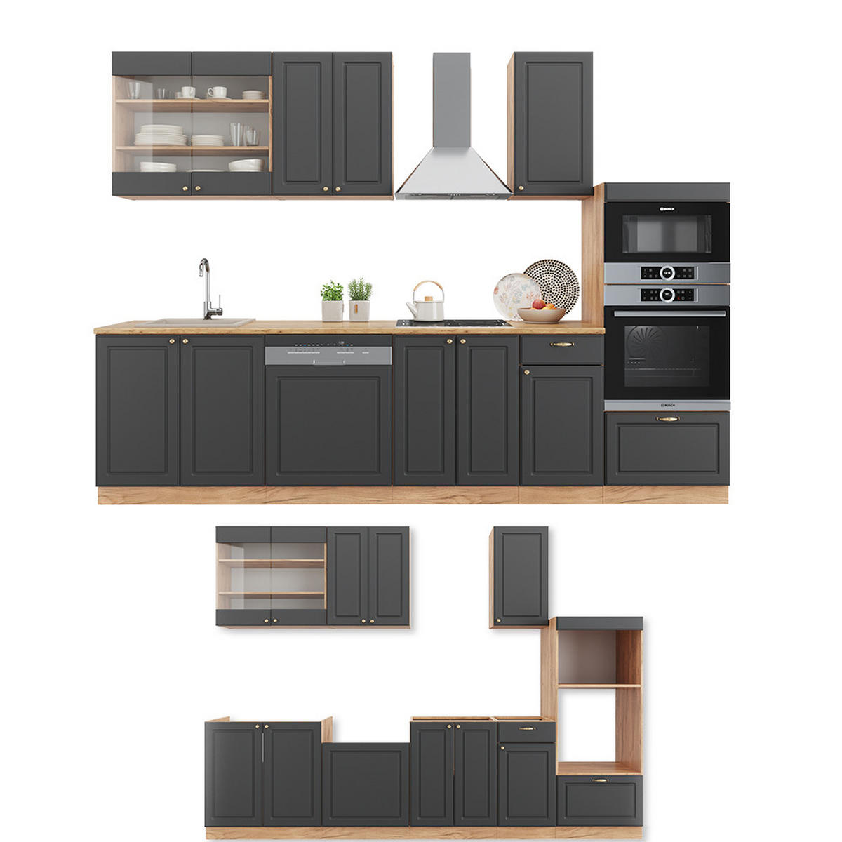 KÜCHENZEILE Fame-Line Anthrazit Landhaus/Goldkraft Eiche 300 cm ohne AP - Honigeiche/Anthrazit, Holzwerkstoff (300/81.6/46cm) - Vicco