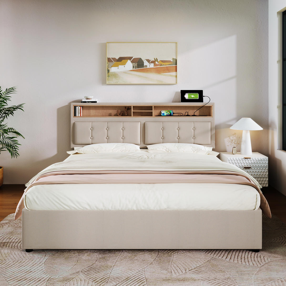 POLSTERBETT mit 4 Schubladen 160x200 cm Leinen Beige mit USB-C - Beige, Metall (160/200cm) - Meubliv