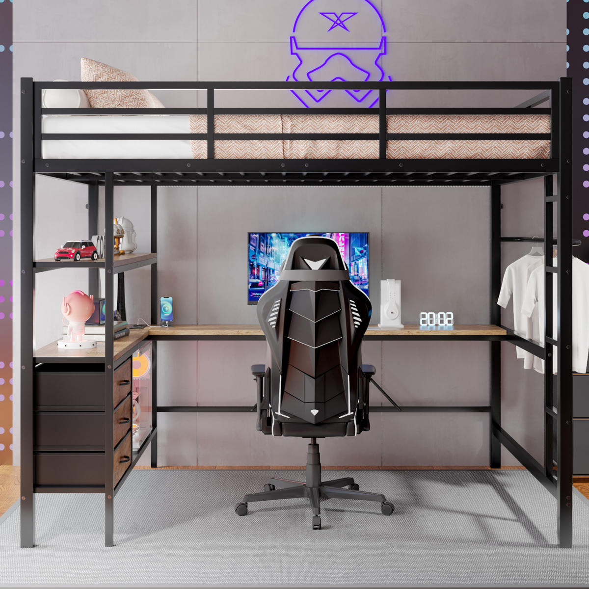 HOCHBETT 140x200cm Schwarz LED-Licht Schreibtisch USB 3 Schubladen - Schwarz, Metall (140/200cm) - FLIEKS