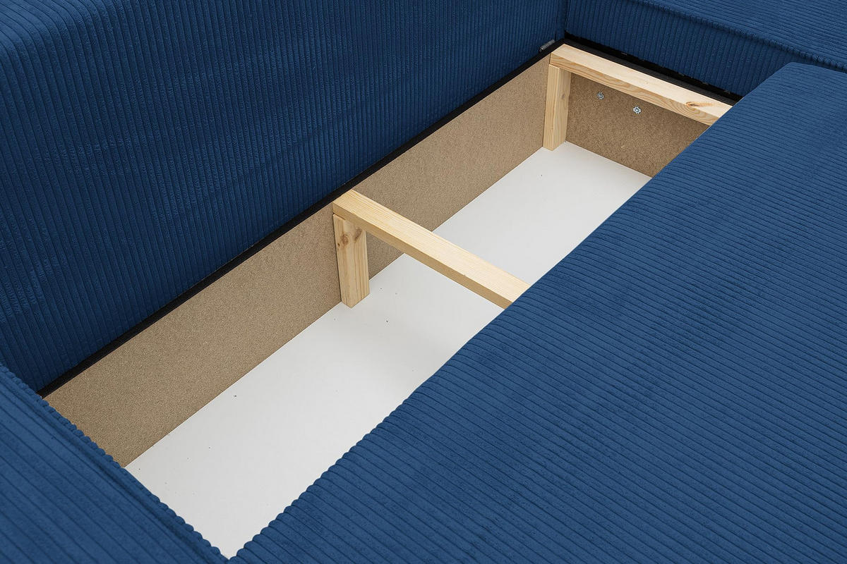ECKSOFA HUGO XL Schlaffunktion und Bettkasten Cord-Stoff (Blau) - Blau, Textil (274/142cm) - VENASI MÖBEL