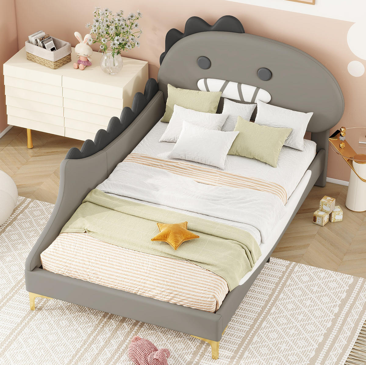 KINDERBETT aus PU und MDF 90x200 cm Grau im Dinosaurier-Design - Grau, Kunststoff (90/200cm) - IVMEU