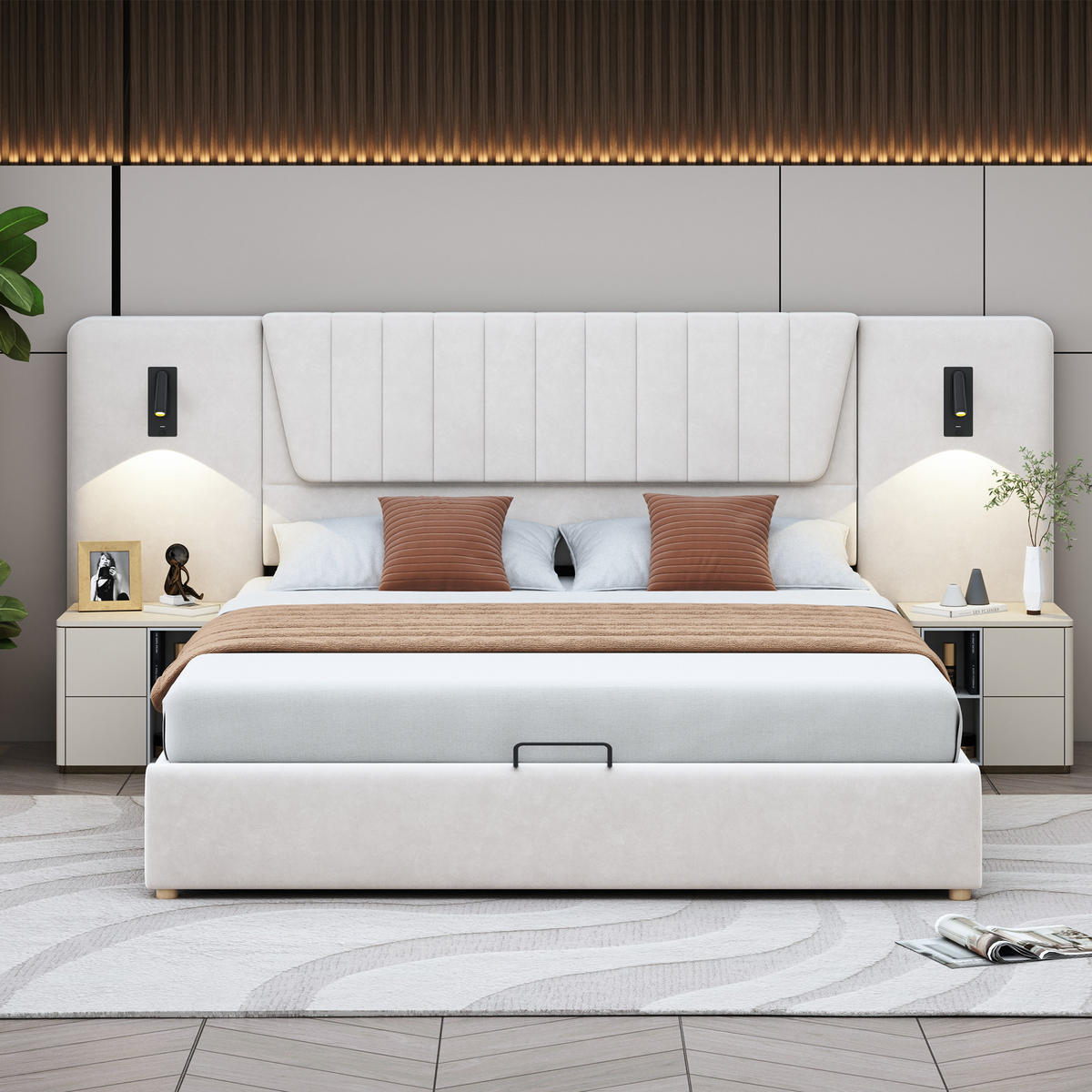 POLSTERBETT 180/200 cm in Beige Samt mit Bettkasten, Leselampen und USB - Beige, Holzwerkstoff/Textil (180/200cm) - WISHDOR