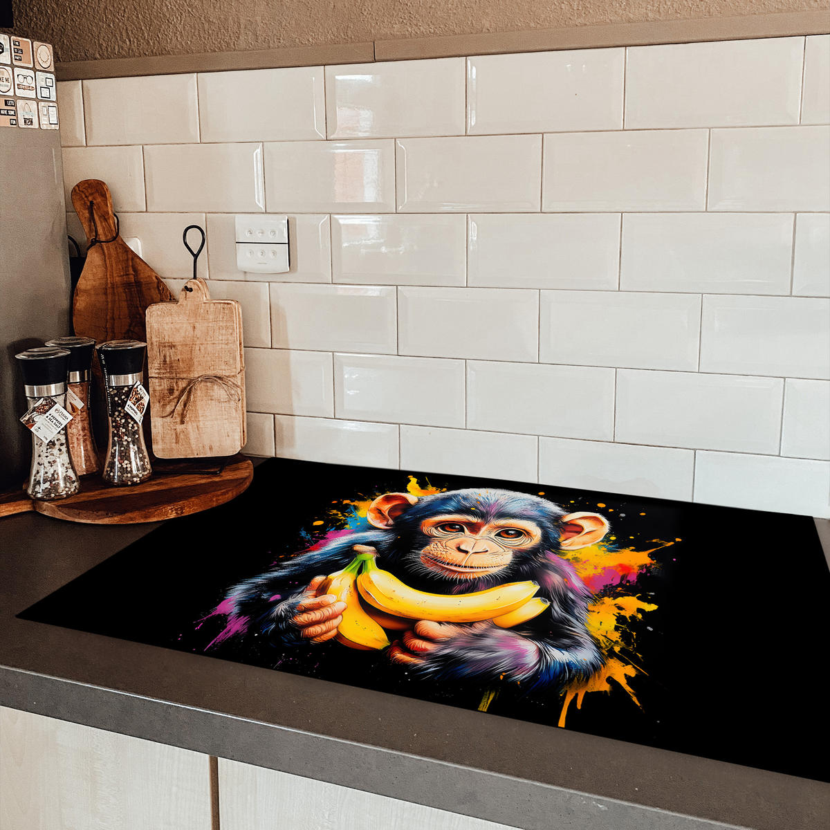 HERDABDECKPLATTE Affe - Graffiti - Farbenfroh - Bananen - Modern 83x51 cm - Gelb, Kunststoff (83/0.2/51.5cm) - MuchoWow