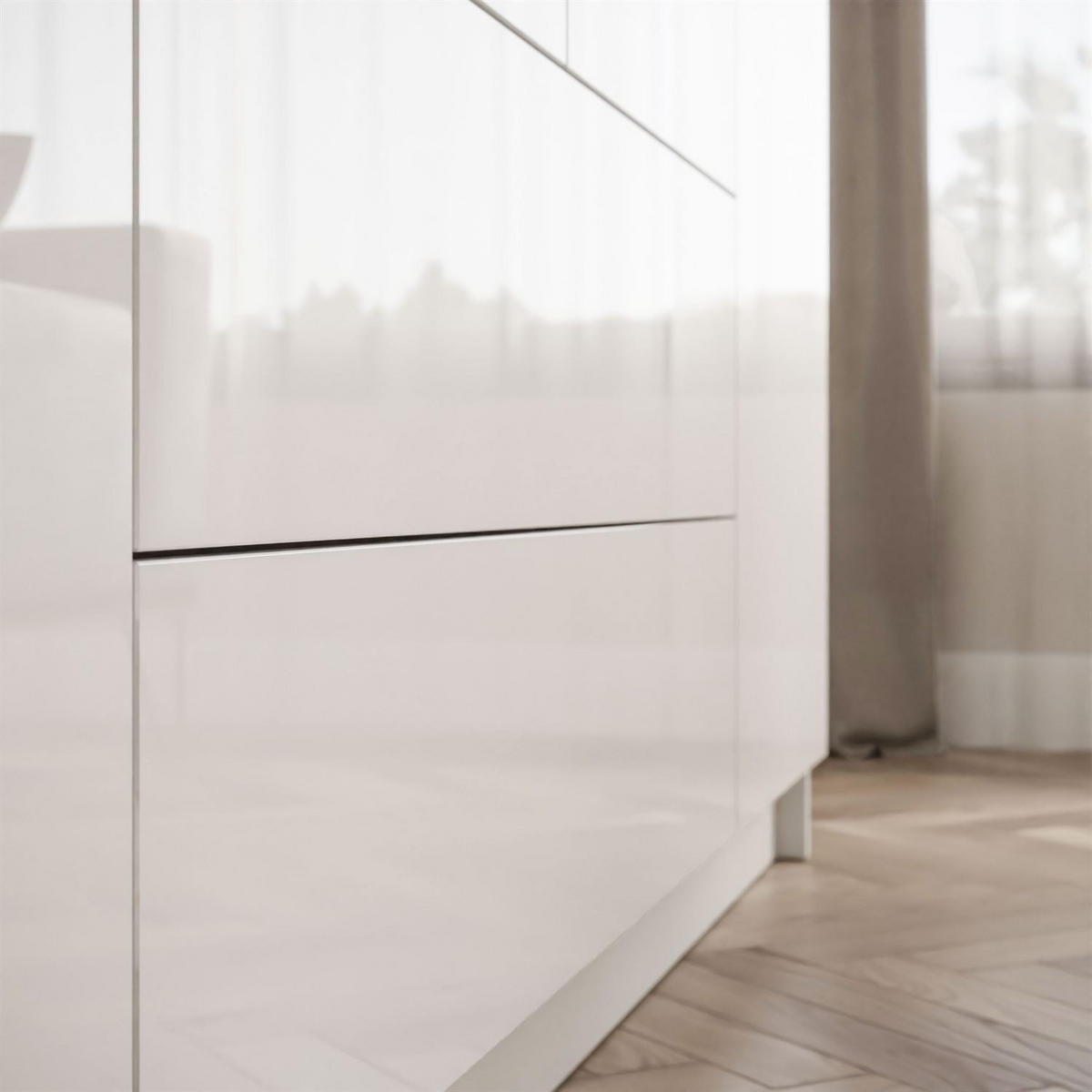 KLEIDERSCHRANK AUREL 4D2SZ mit Schubladen und Spiegel - Weiß Hochglanz, Holzwerkstoff (200/200/57cm) - Lookway